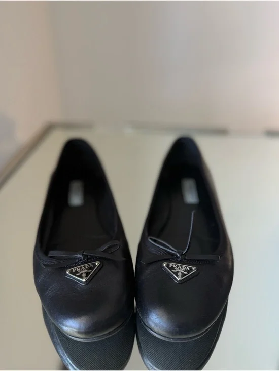 Prada Black Leather Triangle Logo Bow Flat 36.5 - Picture 4 of 11